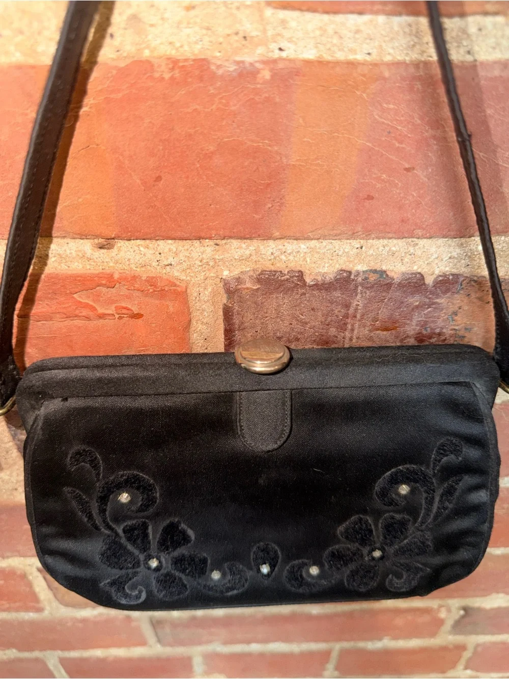Black Floral Embroidered Small Shoulder Bag Bedazzled Pink Silk Classy